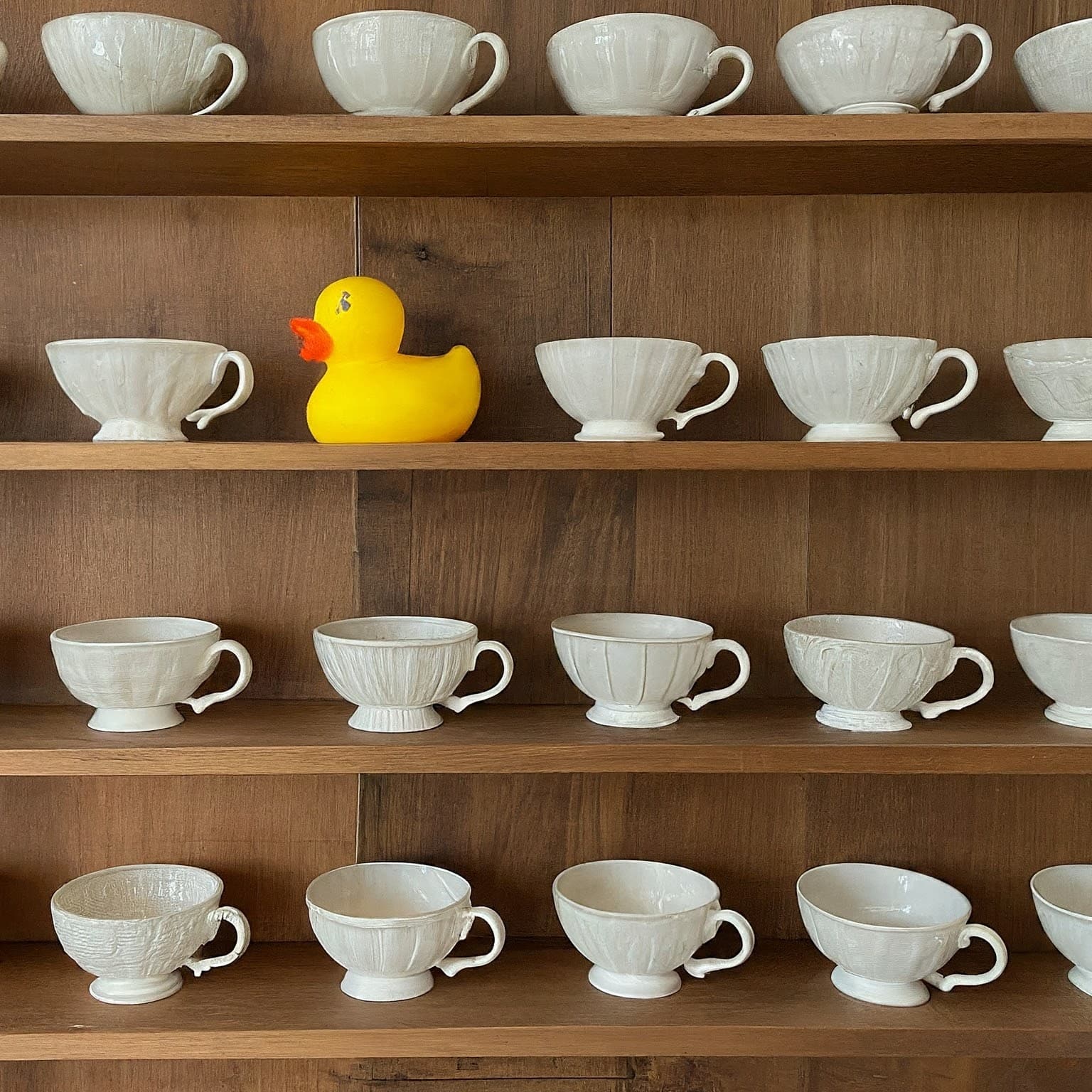 Duck standing out from other items on cupboard